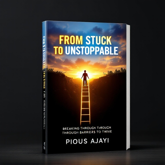 A powerful image of a person climbing a sturdy ladder out of a dark pit is central to the cover. The words "fear" and "doubt" are etched into the pit's shadows. Above the climber, a luminous, gradient sky transitions from twilight to dawn, radiating warmth and positivity. The title "From Stuck to Unstoppable" is seamlessly integrated into the ladder’s upper rungs or gleaming brightly above the climber as if leading the way.