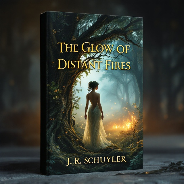 A mystical forest scene where a dryad stands gracefully amidst towering ancient trees. Her form is ethereal, partially merging with the tree bark as delicate branches and leaves entwine her being. Ambient light filters through the dense canopy above, casting intricate shadows, emphasizing the serene but mysterious atmosphere of the woodland. In the background, soft flames dance on a misty horizon, hinting at distant fires.