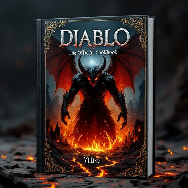 The cover features a formidable demonic figure as the central focus, imposing with its glowing red eyes and exaggerated, jagged horns. The creature stands in a dominant stance enveloped by swirling flames, casting a sinister glow. The background presents a hellish landscape, filled with cracked earth and glowing rivers of molten lava. Silhouettes of crumbling ancient ruins are visible through the heat haze. Around the edges, intricate gothic patterns add depth and a sense of mystique to the scene.