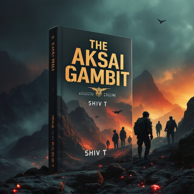The cover features a dramatic high-altitude landscape of Aksai Chin, occupying the middle and lower sections. Dark tones of deep red and dark gray dominate, with accents of saffron and green subtly worked into the rocky terrain. Silhouettes of soldiers in modern battle fatigues are positioned in the foreground, with tactical gear and shadowy figures of drones and a Sukhoi jet subtly blended into the right background. Fiery red glows hint at distant battles. The golden, impactful title sits at the top, dominating the stormy sky, while the ghostly Ashoka Chakra is faint in the background.