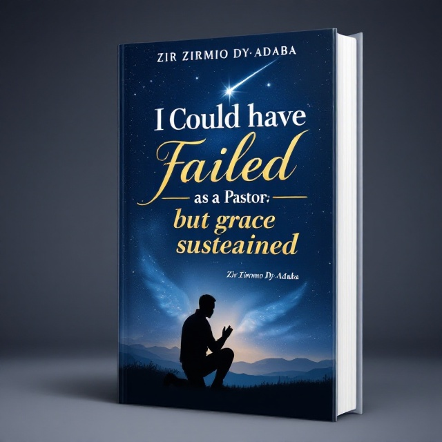 standing book mockup, Its title is "I Could have Failed as a Pastor; but grace susteained". Its author name is Zir Zirmio Dy-Adaba.  A serene night sky with a shooting star crossing it. At the bottom, a silhouette of a man on his knees, hands clasped in prayer. The background is a deep indigo with soft ethereal light illuminating the man. Faint, abstract angelic wings are subtly visible in the backdrop. The title is in a large, elegant serif font in white, with the words "Grace Sustained" in gold to emphasize hope and redemption. The author's name is in a smaller cursive script at the bottom, creating a personal touch., The man's silhouette occupies the lower third of the cover, creating a strong visual anchor. The title is positioned centrally, with a slight upward arch, allowing the shooting star to streak across the title. The author's name is placed at the bottom right corner.