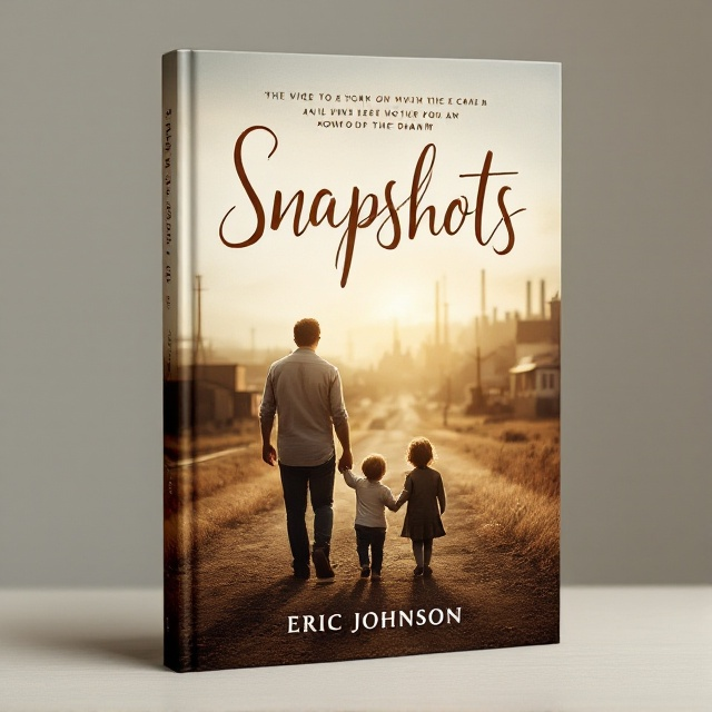 The cover features a vintage sepia-toned photograph of a father holding hands with his two young kids, set against the backdrop of a small industrial town. The town is subtly blurred to symbolize faded memories, and the sky has a gradient effect, transitioning from a soft morning light to a hopeful dawn. The overall color scheme includes warm browns, soft oranges, and gentle blues to evoke a sense of nostalgia.