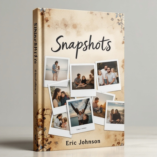 Polaroid-style photos scatter across the cover, overlapping and interspersed at different angles. Each Polaroid captures a moment featuring a father, his son, and daughter across different stages of life, evoking a heartfelt journey. The background has a subtle grainy texture, giving the impression of an old scrapbook or photo album. The color palette is warm and slightly faded, creating a nostalgic and emotional mood.