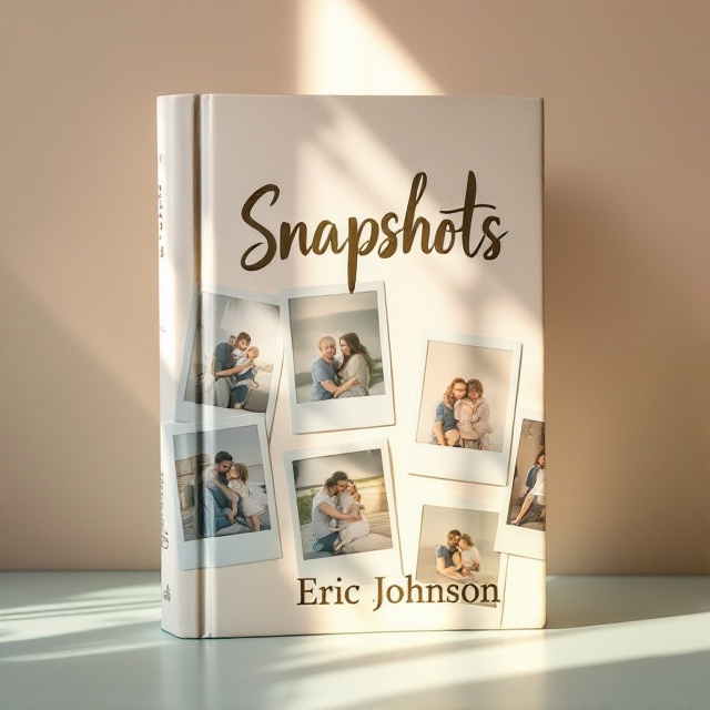 Polaroid frames scattered across a soft, muted pastel background, each containing a slightly faded photograph depicting moments of a father with his son and daughter. Some frames slightly overlap, creating a mosaic of memories. Sunlight gently bathes the scene adding a layer of warmth and nostalgia.