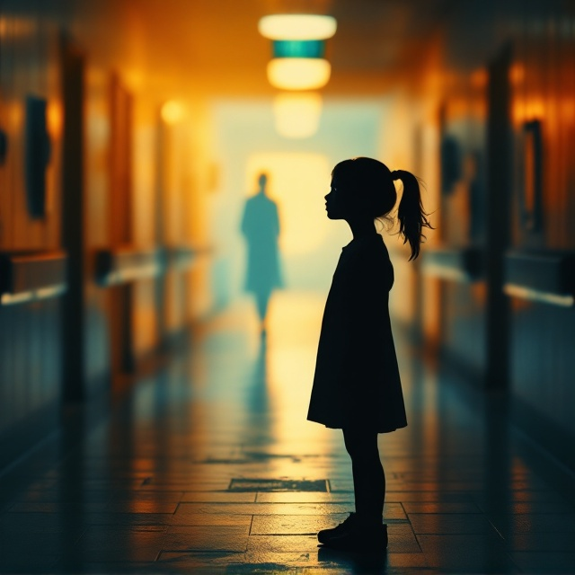 A silhouette of a young girl stands prominently at the forefront, positioned at the edge of a dimly lit hospital corridor with shadows enhancing the sense of abandonment. Behind her, a faint, ethereal outline of a midwife can be seen, bridging the gap between isolation and unity. The corridor stretches into a distant blur, suggesting a journey and evoking feelings of longing. The contrasting colors of sunset orange and deep gold merge into pale blue hues, casting a surreal glow throughout the scene.