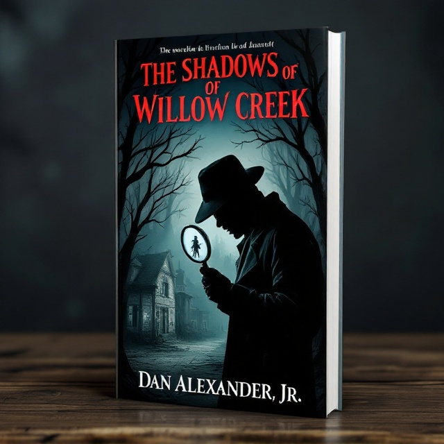 A shadowy, mist-laden cover features the silhouette of a detective thoughtfully peering through a magnifying glass. The background shows an eerie, distorted image of an old, weathered town. Dark tree branches creep into the frame, evoking a sense of mystery and suspense. The color scheme is dominated by deep blacks and vibrant reds, drawing attention to the magnifying glass, which reflects a dark, enigmatic emblem.