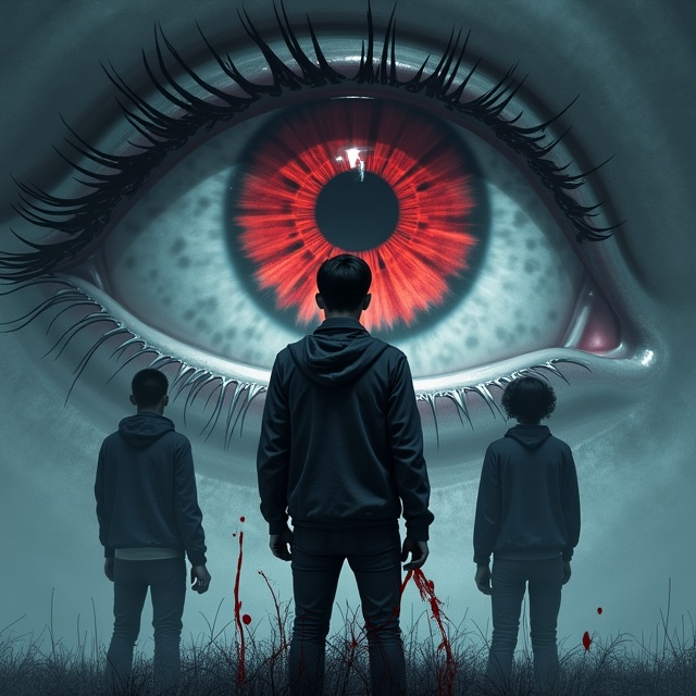 A hauntingly large eye in the background spans the entire cover, its gaze piercing and intense, embodying surveillance and mystery. Adrian stands prominently in the center, slightly forward, with his head tilted downward, conveying his vulnerability. Blood visibly trickles from his closed eyes, creating a stark and captivating image. Behind him, Lucas and Nova stand, facing away from the viewer, creating a sense of detachment and secrecy. The background blends into dark shades of blue and grey, providing an eerie and somber atmosphere with hints of dark red to signify danger and tension.