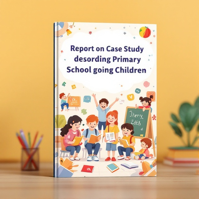 A cheerful and colorful illustration featuring a diverse group of primary school children, engaged in various school activities like reading, playing, and interacting. The background showcases a vibrant school environment with a friendly and inviting atmosphere.