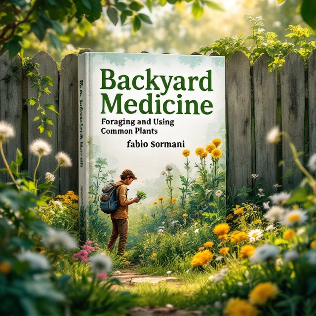 A lush, detailed illustration of a backyard garden abundant with common plants like dandelions, mint, and chamomile, giving a sense of wild naturalness. A survivalist with a small backpack is seen gently collecting plants in the foreground. A weathered wooden fence stretches across the background, lending a rustic, earthy feel. Sunlight filters through leaves, creating a warm, inviting atmosphere.