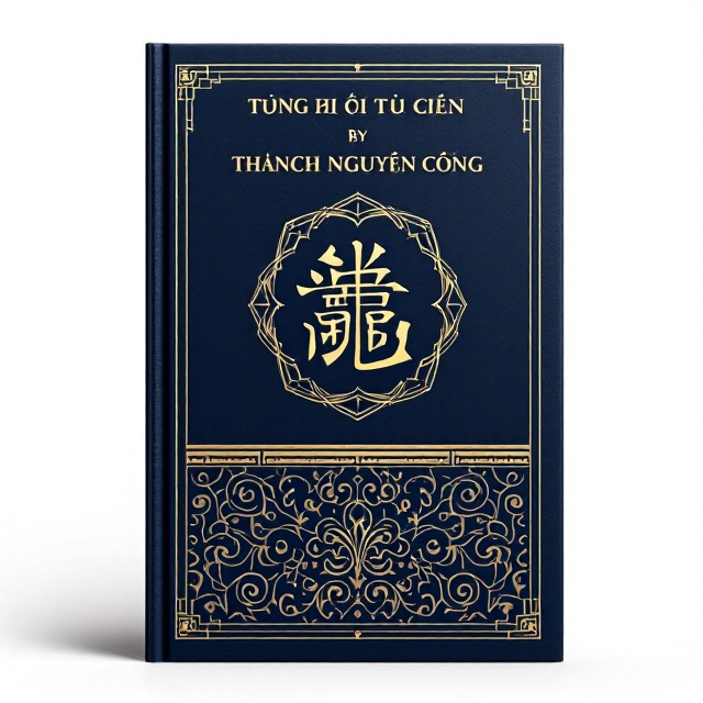 A rich dark navy blue background serves as the canvas for the cover. An intricate and ornate pattern inspired by traditional Vietnamese motifs subtly embossed across the bottom half adds depth and cultural relevance. A central emblem resembling an ancient script or a calligraphic character is highlighted in gold foil at the center, evoking a sense of timeless wisdom and knowledge.