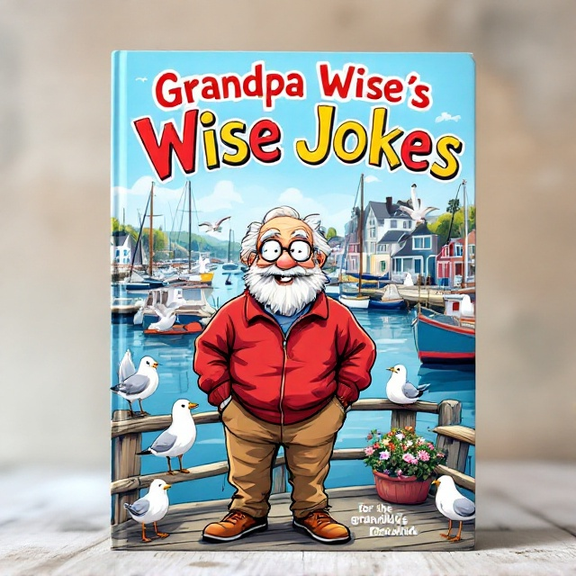 A cheerful illustration featuring a cartoonish grandpa character in a red fleece and khakis, standing on a dock in a quaint Maine harbor setting. Grandpa has an animated expression as if he just thought of a clever joke. Around him are playful seagulls and colorful sailboats in the background, all under a bright blue sky.