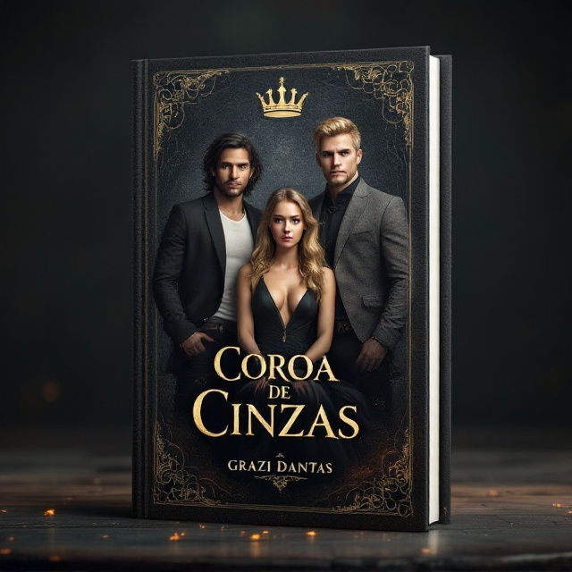 The cover showcases the four key characters in strong, elegant poses. The dark-haired man is situated on the far left exuding confidence, while the brunette girl stands with assurance to the right. In the center, the blonde woman is slightly ahead, radiating authority and serenity, and the blonde man is seated prominently, giving a serious, piercing gaze. The background is an atmospheric dark gray, adorned subtly with motifs suggesting an ancient library or a decaying royal hall, with ash and ember-like details hinting at both decline and renewal. The Tsarynova crest is subtly woven into this ornamental background, and a faint crown symbol floats above the central figure.