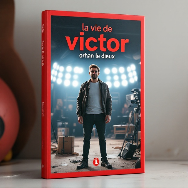 A vibrant and cinematic scene depicts Victor standing confidently on a film set, surrounded by movie equipment like cameras and studio lights. In the background, there's a partially built movie set, suggesting the exciting journey of movie-making. The color scheme predominantly features bold reds and clean whites, creating a joyful and surprised atmosphere. The title "la vie de victor" is elegantly integrated into the scene, reflecting the charm of the protagonist’s vibrant life.