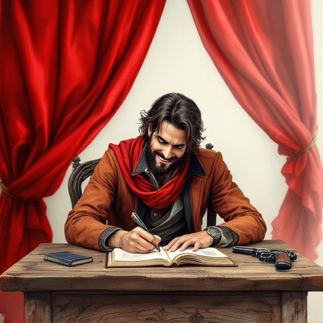 Victor is seated at a rustic wooden table, writing in a book with a focused yet joyful expression. A rich, flowing red flag subtly drapes onto the table from the back, without overpowering the scene, while a shiny vintage pistol lies next to Victor’s writing hand. The background is an elegant, soft white, emphasizing Victor's character as the focal point and enhancing the vividness of the red elements.