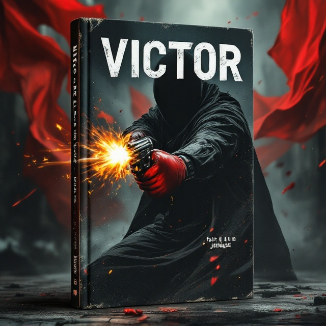 standing book mockup, Its title is "victor fait du jonglage ".  A dark, intense scene where Victor, a dynamic figure with enhanced features emphasizing strength and motion, is depicted mid-action firing a gun amidst a high-stakes scenario. A shadowy antagonist looms in the background with boxing gloves raised defiantly. The backdrop displays fluttering red flags, hinting at rebellion and chaos, while a noir palette underlines the tension and drama. Strong, bold sans-serif font with angular edges and a slightly distressed texture to add a sense of grit and urgency, primarily in white to contrast against the dark background., Victor prominently positioned in the foreground with dynamic angles, the book title in large bold letters at the top, subtly arched to follow the motion of the scene, and additional elements (pistol, punches, flags) forming a diagonal line across the cover to lead the viewer's eye. The area where the author's name typically appears should be left completely blank, with no text or placeholder.