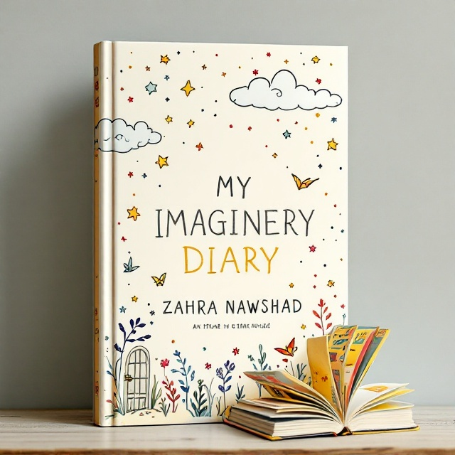 The cover features delicate sketches of floating clouds and stars surrounding the whimsical title, "MY IMAGINERY DIARY." At the lower right corner, an open diary is placed with colorful pages appearing to flutter, as if stories are escaping and coming to life. Tiny illustrations—like a small door, a key, and an origami crane—are scattered across the cover, hinting at the imaginative tales contained within. Soft, muted colors, including nostalgic yellows, soft pinks, gentle greens, and hints of red and black, create a soothing yet mysterious feel.