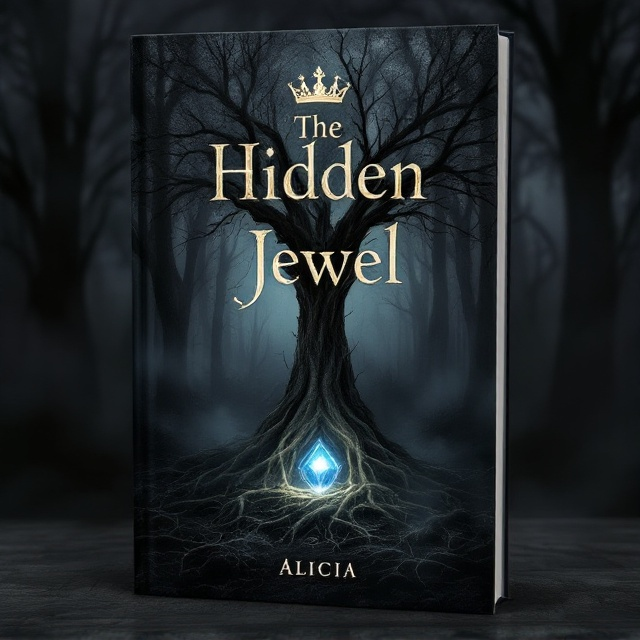 A dark, dense forest covers the bottom half of the cover, with mist swirling between the trees, creating an ominous and mysterious mood. In the center, slightly above the forest, a glowing jewel is partially hidden under twisted roots at the foot of an ancient, gnarled tree. Above, a faded crown hovers, semi-transparent, as if it's a ghostly image watching over the forest. The background is shadowy grey, fading into black at the edges to enhance the feeling of secrecy and mystique.