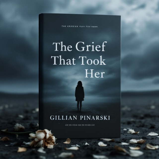 A dark, cloudy sky above an isolated, barren landscape. In the foreground, a single wilted flower lies on the ground, its petals scattered by the wind. A faint silhouette of a lonely girl stands in the distance, her back turned, gazing into the horizon. Shades of blue and grey dominate the color palette, emphasizing the emotional tone of sadness and loneliness.