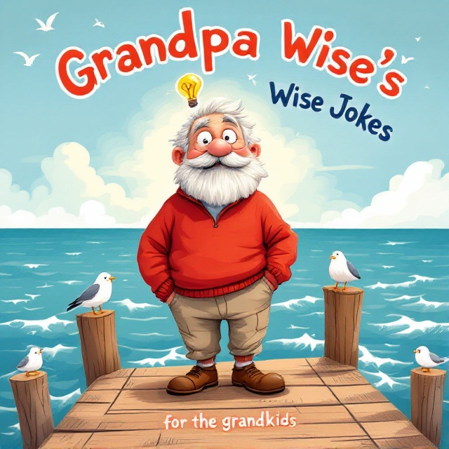 A colorful illustration featuring a charming grandpa wearing a red fleece and khaki pants, standing on a wooden dock in Maine. He has a twinkle in his eye, and a lightbulb above his head to suggest he's just had a funny idea. In the background, gentle waves and a few seabirds enhance the cheerful setting.