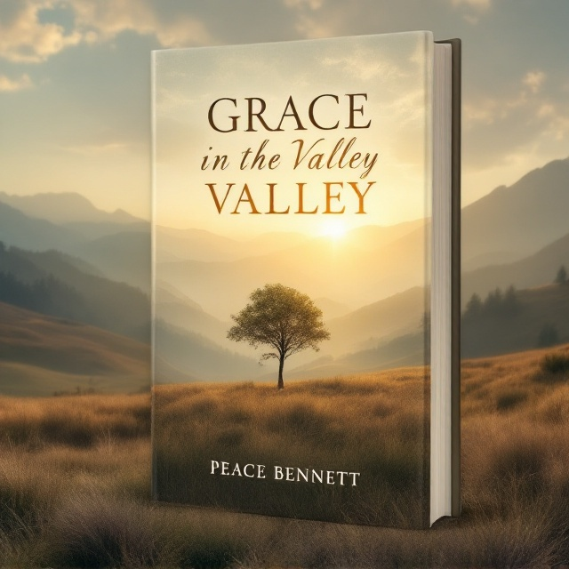 A serene valley landscape at dawn with soft, golden hues enveloping the valley. In the foreground, a lone tree stands resilient amidst gently swaying grass. The sky transitions from night to day, capturing the first light of sunrise symbolizing hope. A subtle, translucent overlay of soft clouds drifts across the scene, adding depth and tranquility.