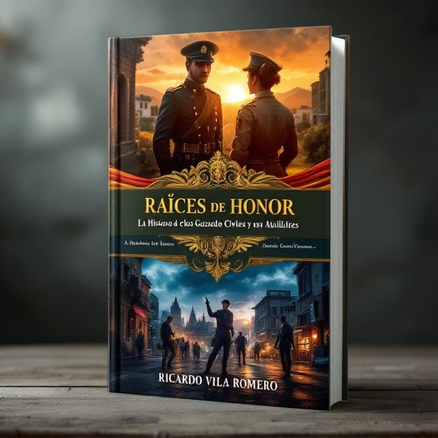 The cover is split horizontally into two distinct halves. The upper section features a vintage Guardia Civil officer in a historic uniform against a backdrop of a rural quarter, with the sun rising, casting a golden hue across the landscape. The lower half presents a modern auxiliary engaged in action, set against an urban environment at dusk, where city lights begin to flicker. Central to the composition is an integrated Guardia Civil emblem, interwoven into a waving Spanish flag, with an open book of records subtly incorporated into the scene.