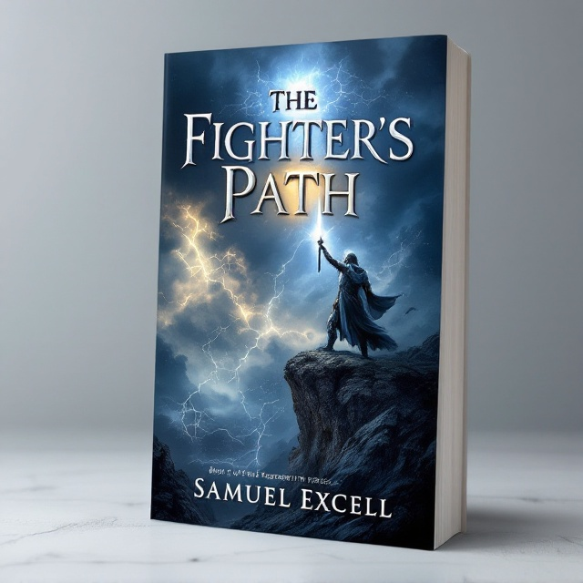 A warrior in battle armor stands poised on a rocky cliff, sword raised toward the sky as storm clouds gather in the background, casting an ethereal glow. A mystical tome, glowing with ancient runes, floats above the warrior. Colors include metallic silver, dark blues, and hints of vibrant lightning yellow to convey a sense of magic and impending battle.