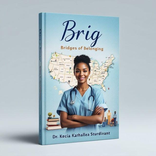 The cover features a central collage depicting the cultural and personal journey. At the forefront, a silhouette of a young woman in a nursing uniform stands proudly. A map with a flowing line connects Cameroon to the United States in the background, symbolizing the journey. Around the woman, various symbols of mentorship and support, like a stethoscope and books, are woven into the design, all set against a serene sky blue backdrop.
