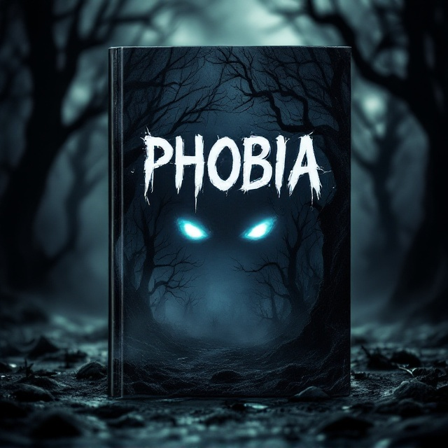 A dark, eerie forest with twisted, bare trees silhouetted against a stormy night sky forms the background. Faint wisps of fog creep through the trees, and sinister shadows create unsettling shapes on the forest floor. In the center, a pair of glowing eyes peer out from the darkness, instilling a sense of being watched or followed.