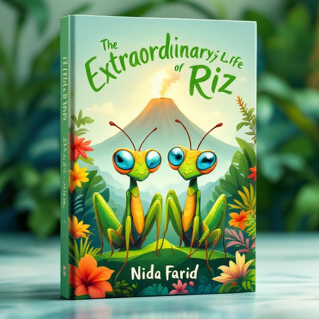 The cover features two cartoonish, wide-eyed praying mantises standing on a large leaf in the foreground, surrounded by lush greenery and colorful tropical flowers. Behind them, a gentle plume of smoke rises from a distant volcano, framed by a soft blue sky. Hidden among the leaves, the praying mantis heroine peers out, adding an element of mystery. Bright and playful illustrations with a touch of spooky shadows create a sense of whimsy and intrigue.