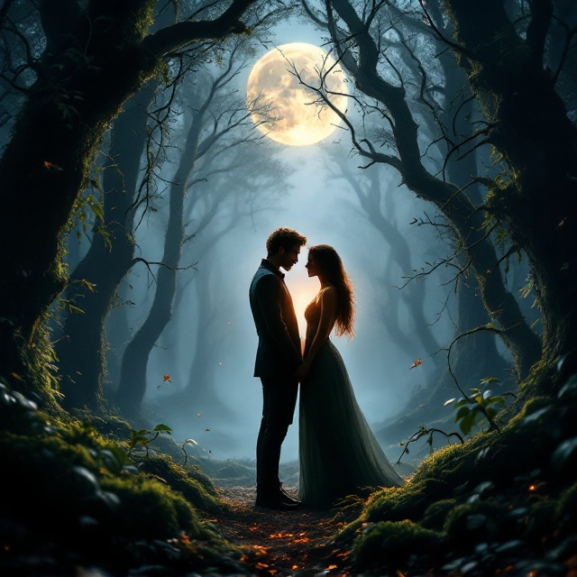 A mystical forest scene bathed in soft moonlight, with shadows stretching over moss-covered trees. In the center, a couple stands intertwined, gazing into each other's eyes. In the background, a subtle ember glow from their hands hints at the element of fire, casting intriguing shadows that blend romance and mystery. Mist creeps through the forest, adding a sense of enchantment.