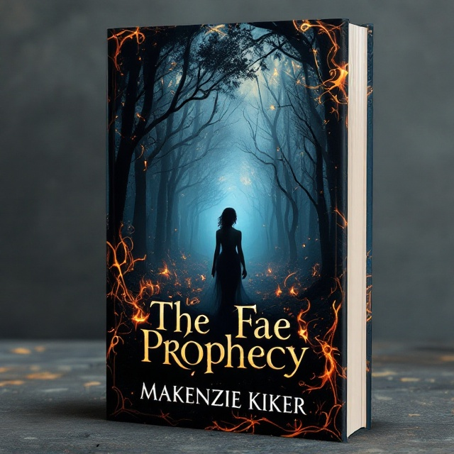 The cover features a scene of dense, dark woods with shadows and flickers of light, creating a mysterious and adventurous atmosphere. At the center, an ethereal silhouette, slightly obscured, suggests the presence of a fae character. Surrounding her are swirling flames, casting a warm glow amidst the cool, shadowy backdrop of the forest. The border of the cover appears to smolder as if touched by fire, enhancing the elemental theme.