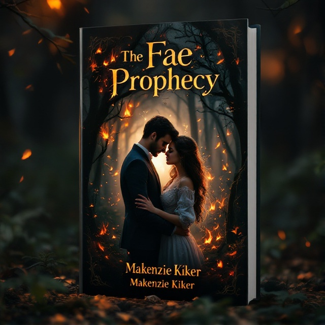 A romantic and mysterious scene depicting a couple standing closely entwined in an enchanted forest. Behind them, flames subtly dance around, casting a warm glow that highlights their features while adding a mystique to the backdrop. The forest is shadowy, partially obscured to reinforce the allure of mystery.
