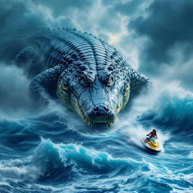 A vast, tumultuous sea serves as the backdrop, filling most of the cover, painted in various shades of blue that evoke both tranquility and underlying tension. Dominating the foreground is the imposing figure of a gigantic crocodile, its scales glistening as water splashes around it, creating an aura of raw power. To the side, a woman on a jet ski is streaking across the waves, exuding speed and determination. The book title, “Me.c the Taiwan,” is integrated into the scene, seemingly carved into the frothy waves.