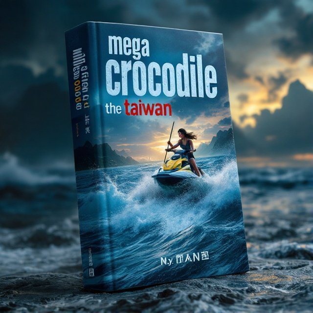 The cover features a vast ocean scene under a dramatic evening sky. A colossal crocodile emerges from the water, its scale emphasized by the jet ski-riding woman in the foreground, holding a spear. Waves crash dramatically around them, highlighting movement and tension. The scene is intensely dynamic, capturing suspense with a play of light and shadow creating an ominous mood.