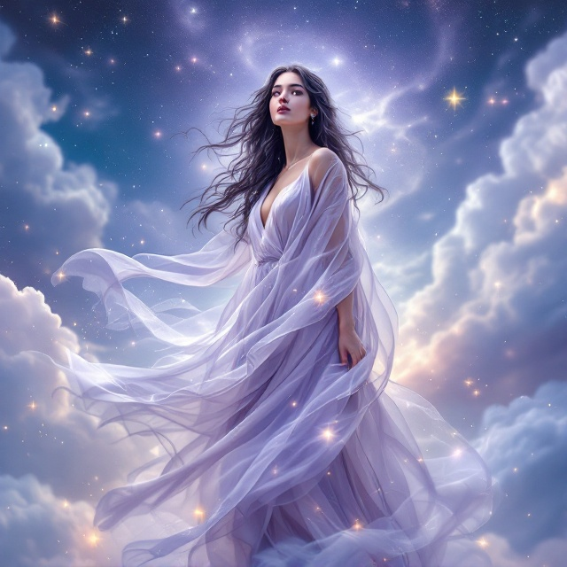 Anisha occupies the center of the cover, her figure shrouded by a delicate, translucent veil that creates a swirling motion around her, in hues of soft silver and pale lilac. Her dark hair, infused with a subtle golden sheen, flows gracefully underneath. She wears a flowing tunic of moonlit silver, reminiscent of ancient Greek fashion. The background is an ethereal scape of deep blues and purples, interspersed with shimmering whites, faint stars, and soft clouds that envelop the scene, creating a mystical ambiance.