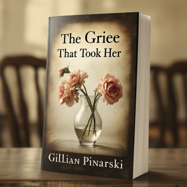A sepia-toned background sets a somber and vintage tone. Centralized on the cover is a delicate vintage vase made of translucent glass, appearing slightly dusty, with a wilted carnation flower drooping over the edge. The flower's faded pink color contrasts with the sepia tones, enhancing the sense of fading life. In the background, blurred silhouettes of empty chairs add to the lonely, melancholic atmosphere.