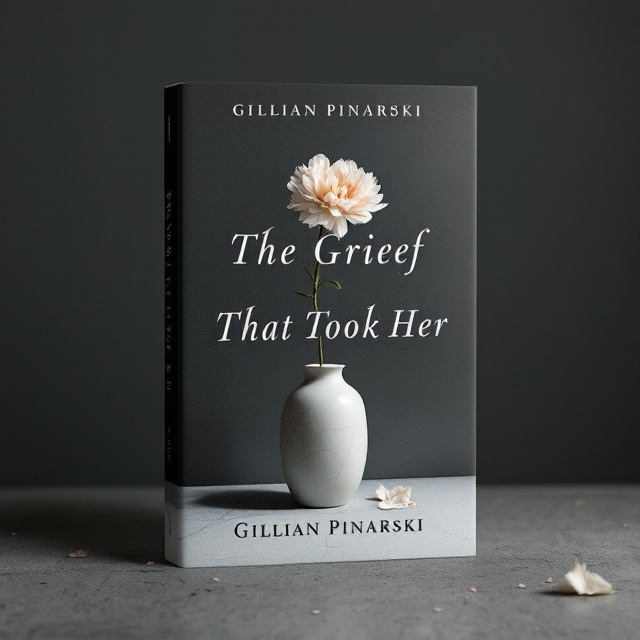 A single dead carnation flower lies delicately in a cracked porcelain vase, casting a stark shadow against a dark, muted background. The remnants of petals are scattered on the textured surface underneath, symbolizing fragility and loss. The color palette uses muted grays, whites, and soft pastels to evoke a feeling of sorrow and solitude, contrasted with the sharpness of the shadows.