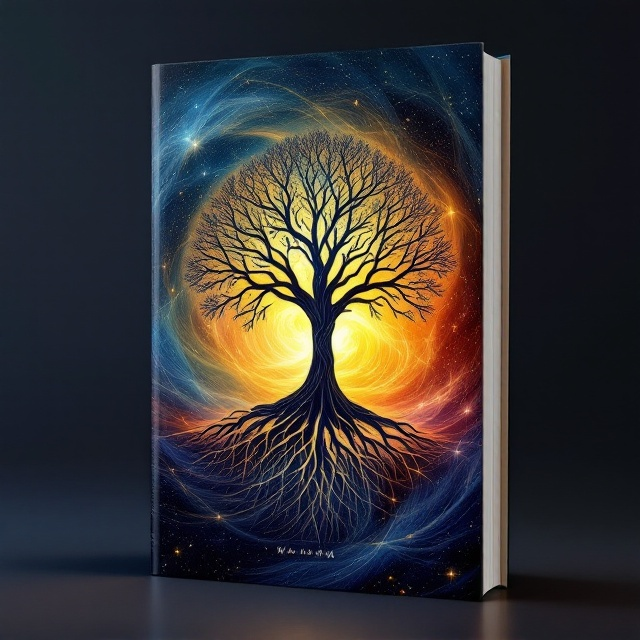 A kaleidoscope of deep blue, vibrant yellow, and fiery red swirls across the cover, representing the complexity and intrigue of the human mind. Central to this is an ethereal representation of nature—a majestic tree that transitions into the swirling cosmos at its top, symbolizing the connection between earth and the universe. In the middle, subtly integrated within the roots of the tree, is a faint yet intricate outline of the human brain.