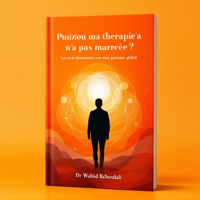 An abstract orange gradient background that transitions from a bright, hopeful tone at the bottom to a deep and contemplative tone at the top. A silhouetted figure stands in the middle, surrounded by eight interlocking circles symbolizing the eight dimensions of healing. The circles have soft edges and appear luminous, giving a sense of clarity and insight.