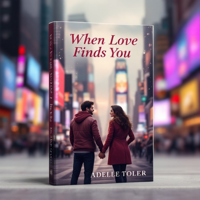 A romantic scene featuring two characters holding hands in Times Square. They are surrounded by the vibrant lights and towering billboards of the cityscape. The background blurs slightly to emphasize the characters, while maintaining the iconic atmosphere of Times Square. Above them, a slightly overcast sky suggests a nuanced emotion, mixing happiness with a hint of melancholy.