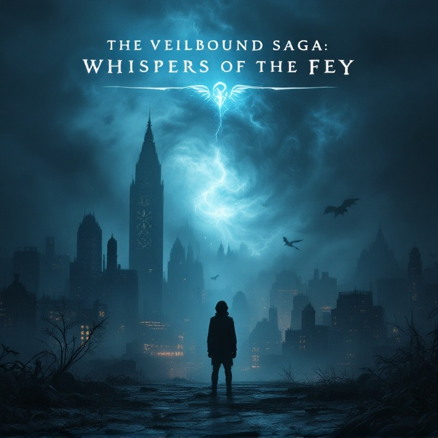 A shadowy Philadelphia skyline under a stormy night sky forms the background, with the Veil depicted as an ethereal, swirling mist creeping across the city. Fragments of ancient symbols and cryptic runes dimly glow within the fog. In the foreground, a silhouetted figure of Morgan stands with a slightly obscured view, giving a hint of mystery. Faint outlines of the monstrous Feyborne creatures, with their menacing wings, are subtly integrated into the shadows, adding depth and tension to the cover.