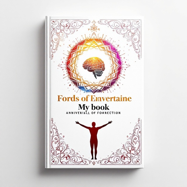 A white background featuring intricate designs in red, showcasing a golden, black, and yellow intertwined emblem in the center. Encompassing the emblem, a radiant spectrum of pink, purple, and orange hues forms a circle. Above this, a glowing globe with visible continents merges into a fragmented human brain silhouette, symbolizing the bridge between spirituality and self-discovery. Beneath, an abstract human figure stands with arms open wide.