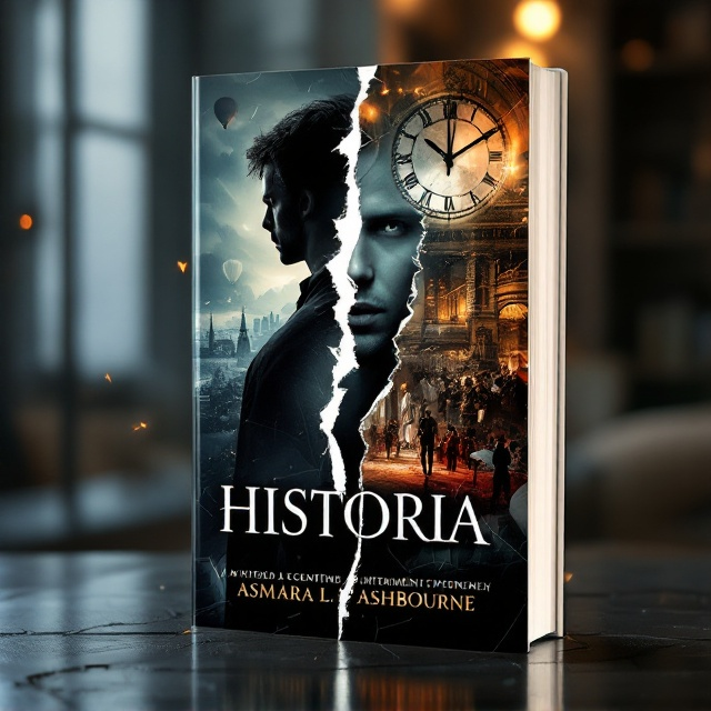 A dynamic cover that showcases a split-screen design. The left side features the male protagonist as a silhouette in a modern, dimly-lit room with futuristic undertones, blending shadows to generate intrigue. The right side is a vivid collage of historical scenes Enlightenment Paris, a soaring hot air balloon, and a bustling feminist rally. A torn timeline, resembling shattered clock faces, divides the two sides. In the background, a blurred clock with disjointed hands, suggesting time conflict, and a faint, broken beam of light links the modern to the historical side.