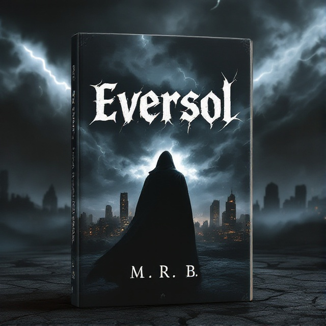 A dark, stormy landscape with the silhouette of a decaying city skyline in the background. In the foreground, a mysterious cloaked figure stands facing away from the viewer, casting a long shadow across cracked earth. The sky is a swirling mass of dark clouds with flashes of lightning, creating a sense of imminent danger.