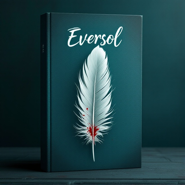 A dark, desaturated teal textured background creates an ominous atmosphere. In the center, a single, stark, white feather, blood-streaked, draws attention. The feather is tilted slightly, suggesting motion or impact, enhancing the sense of mystery and danger. Thin, wispy shadows surround the feather, enhancing the overall eerie feel.