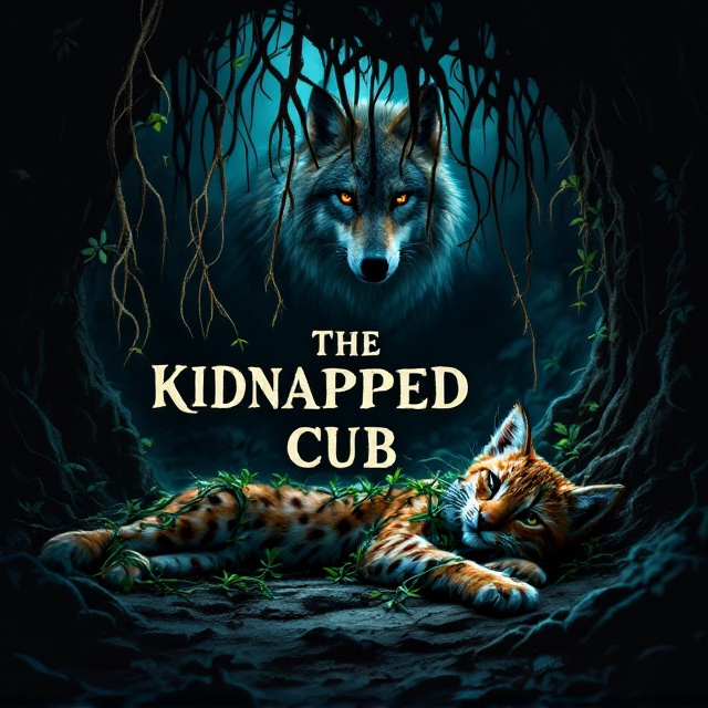 The cover features a dimly lit dark den as the central focus. The foreground shows a lynx cub lying on its side, bound by thick, green vines. Above the cub, intertwining roots hang from the den's ceiling, casting intricate shadows. The background showcases a shadowy wolf, barely visible, its attention fixed on the cub, adding an element of suspense. The color palette primarily consists of deep blues, earthy browns, and lush greens to create a natural and tense atmosphere.