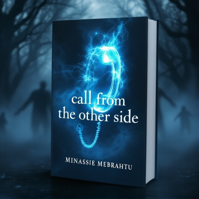 A dark, swirling mist engulfs the cover, with faint silhouettes of eerie trees barely visible through it. In the center, a ghostly, translucent phone receiver floats ominously, emitting glowing blue light that pulses outward, forming abstract patterns. Shadows of indistinct shapes loom in the backdrop, hinting at figures reaching out from the other side.