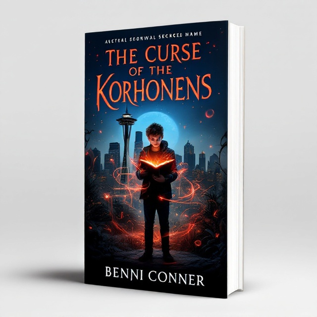 The cover presents a nocturnal view of Seattle with the Space Needle prominently in the middle ground, casting a long shadow. The skyline is enveloped in a subtle mist, adding a mystical aura. This backdrop is punctuated by a teenage boy, floating slightly above ground level in the foreground, creating an impression of levitation. He wields a magical book that emanates red and black mystical energy swirling around him, illuminating his determined face with a warm glow.