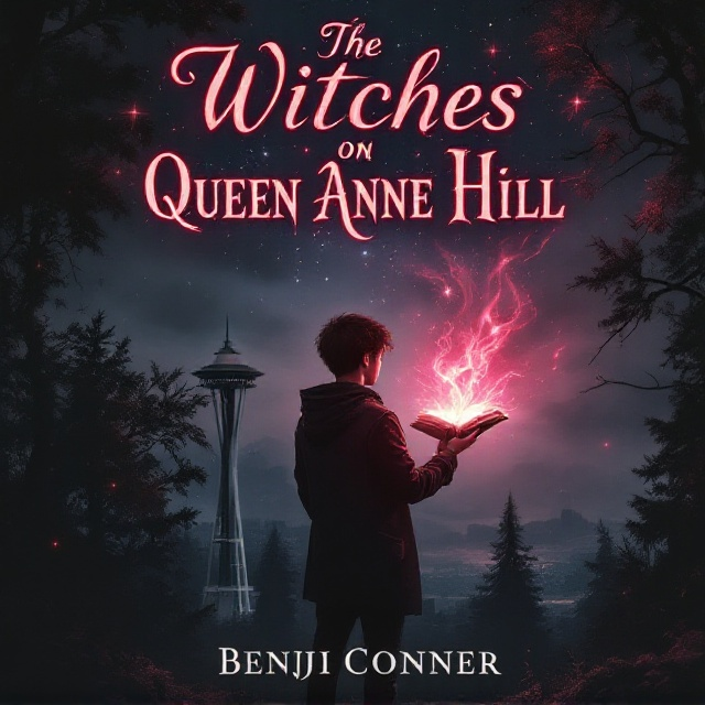 A dark, moody scene with a teenage boy standing at the edge of Queen Anne Hill. The distant Space Needle looms under a starlit sky veiled with swirling mist. The boy is holding a glowing, ornate magical book that casts red and shadowy light around him, creating an eerie, magical aura. Silhouettes of trees and shadowy figures blend into the landscape, adding to the sense of mystery and ominousness.