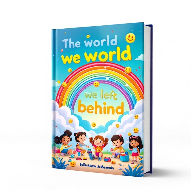 A vibrant and colorful landscape stretches across the cover, with a radiant rainbow arching from the top left to bottom right. Beneath the rainbow, a group of joyful, cartoonish children with diverse appearances, some with pigtails, are playfully interacting with whimsical inventions scattered on the ground. Smiley faces are subtly integrated into the clouds, adding an element of surprise and delight. The background features a playful, dreamy sky with a mix of bright blue and soft white shades.